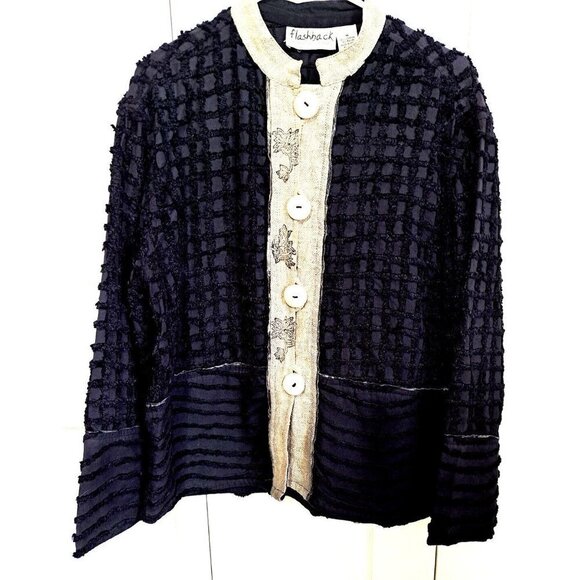 Vintage Flashback Women's M Black Tan Button Front Mandarin Collar Jacket Blazer - Picture 1 of 9